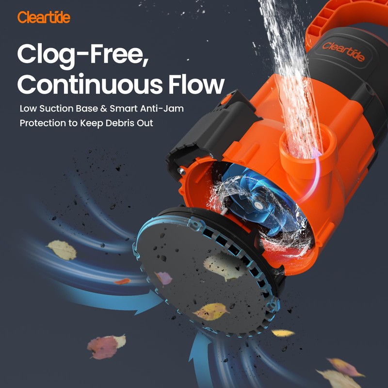 Cleartide Submersible Sump Pump, Smart Water Sensor Auto On/Off, Manual/Auto