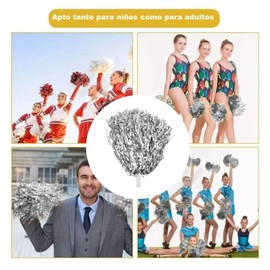 20 Pcs Metallic Cheerleading Pom Poms for Kids Fluffy Foil 12 Inch, Team Spirit Sports Dance Party (Silver)