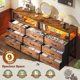 Romorgniz 55" W Dresser for Bedroom with 9 Drawers, LED TV Stand with Power Outlets for 45, 55, 65 Inch TV, Sturdy Long Chest of Drawers with Extra 2 Wooden Shelves, Rustic Brown