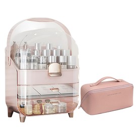 Makeup Organizer and Cosmetic Bag,2 Drawer Skincare Organizers with Transparent Lid,Large Capacity Travel Makeup Organizers for Vanity Bathroom Countertop,Birthday Gifts for Vanity Women Girls,Pink