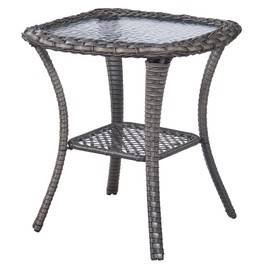 Artfurniz Small Outdoor Side Table - 50 LBS Weight Capacity Wicker Side Table with Storage, Tempered Glass Top Patio Side Table for Porch Balcony Deck Garden - Grey