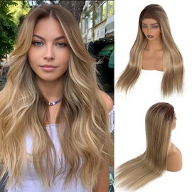 Blonde Ombre Lace Front Wig Human Hair Highlight Balayage Brown Straight Glueless Wigs Pre Plucked 180% Density 13x4 Highlight Ombre Light Brown Blonde Wigs Human Hair for Women 18 Inch Free Part