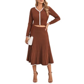 Pink Queen Women's 2 Piece Sweater Outfits Set Crop Top Long Sleeve Pleated Midi Long Skirt Knit Dress Brown M