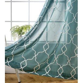 MIUCO Moroccan Embroidered Semi-Sheer Curtains Faux Linen Grommet Curtains for Living Room 52 x 84 Inch 2 Panels Set, Teal