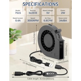 AmRunJe 75mm x 15mm USB Cooling Blower Fan 5V DC Brushless Small Computer Case Fan for Cooling 3D Printer Helmet Hard Drive CPU PC Electronics Cabinet