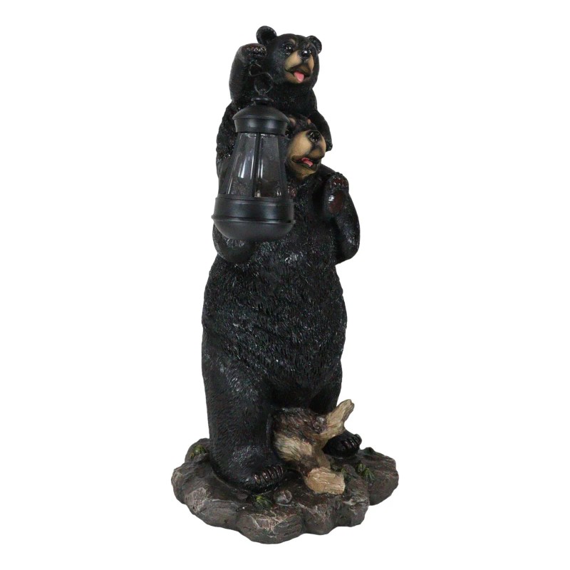 Rustic Black Bear Carrying Cub On Shoulder Statue Solar LED