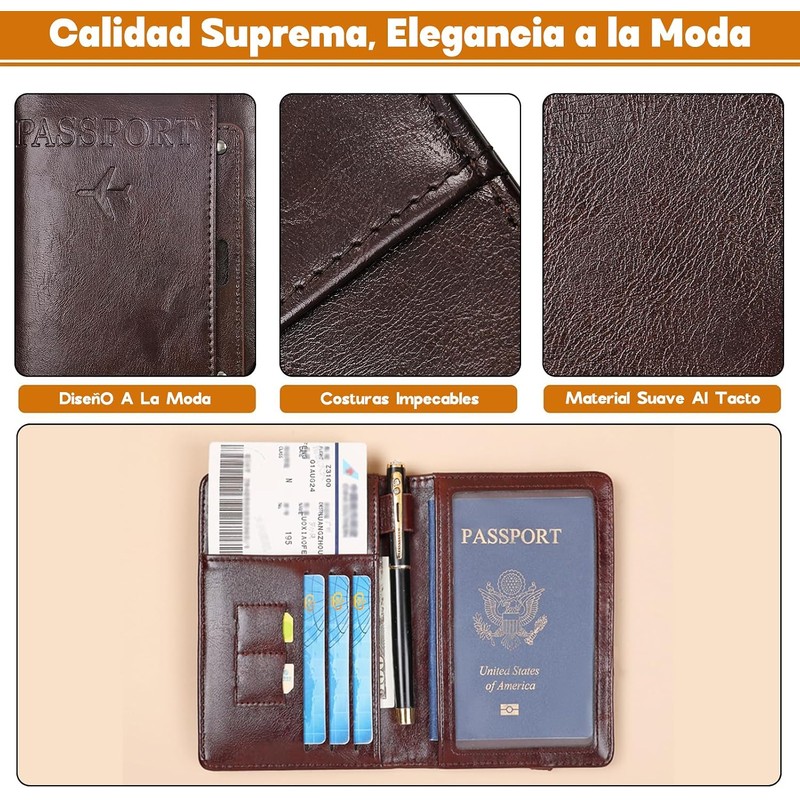 Porta Pasaporte Viaje,Cartera para Pasaporte RFID(Marrón cafe)