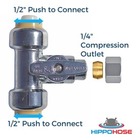 Push On T-STOP Shut Off Valve (1/2" Push x 1/2" Push x 1/4") - Safe for Drinking Water - Kitchen & Bathroom Sink, Refigerator, Dishwasher, Toilet Hookup Valve - 1/4 Turn T-Valve for Copper, PEX, PVC