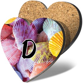 1 x Heart Coaster - Letter D Sea Shells Lettering Name Initial Cork Backed MDF Glossy Tea Coffee Accessory #263659