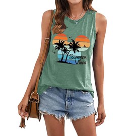 Vintage Summer Beach Graphic Tank Tops for Women Funny Sleeveless Workout Tops Hawaiian Travel Holiday Tee Shirts, Mint Green Large