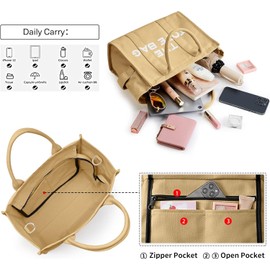 SOYTO Bolsas de lona para mujer, bolso de mano con cierre, Totes para Mujer, bolsa cruzada de lona para escuela, viajes, oficina (Caqui)