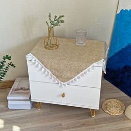 Hpxrom Solid Color Small Bedside Square Tablecloth Rustic Tassel Heavy Weight Table Cover Beige Burlap Washable Table Cloth for End Table Tabletop Decoration 24 x 24 Inch