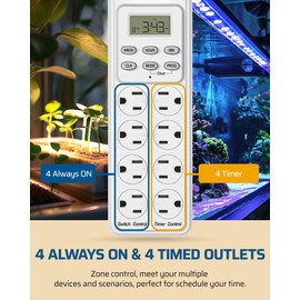 DEWENWILS 8 Outlet Power Strip with Timer (4 Timed/4 Always On), Indoor Digital Timer Outlet for Reptile Light, Turtle Grow Light, Bearded Dragon Tank, Aquarium, 6ft Flat Plug Cord, 15A, UL Listed