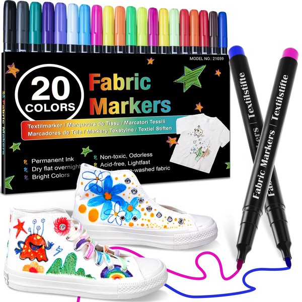 ANYUKE 20 Fabric Pens Permanent for Clothes, Fabric Paint Fabric Markers Craft Paint Pens Art Markers for T Shirt, Shoes, Canvas, Hats, Pillowcases, Cotton Bags