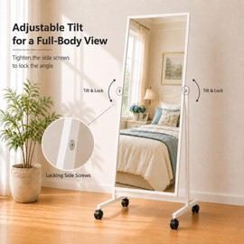 Full Length Mirror with Wheels, 65"x22" Freestanding Floor Mirror with Stand, Rolling Standing Dressing Mirror for Bedroom, Tall Tilting Mirror on Casters,White Wood Frame