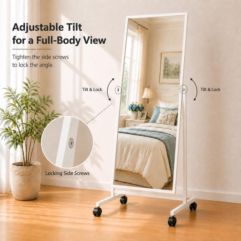 Full Length Mirror with Wheels, 65"x22" Freestanding Floor Mirror with
