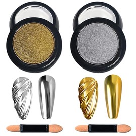 Gold and Silver Chrome Nail Powder, Metallic Powder for Nails Gold and Silver, 2Pcs Silver And Gold Chrome Nail Powder Set