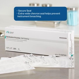 McKesson Argent Sure-Check Self-Sealing Sterilization Pouch, Transparent/Blue, 3 1/2 in x 9 in, 200 Count, 1 Pack