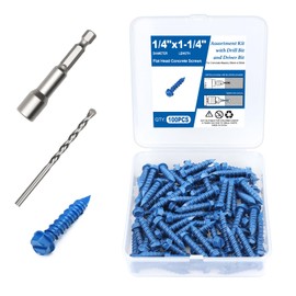 100PCS Concrete Screws Assortment Kit, 1/4" x1-1/4 Masonry Screws with Drill Bit and Driver Bit, Hex Head Cement Screws and Anchor, Diamond Point, Self Tapping Concrete Brick or Stucco, Blue Coated