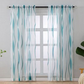 L.Z.E White and Teal Sheer Curtains 63 Inch Length for Living Room 2 Panels Set, Short Voile Sheer Curtains & Drapes for Bedroom Dining Room, Rod Pocket Wave Pattern Window Sheers (55W x 63L)
