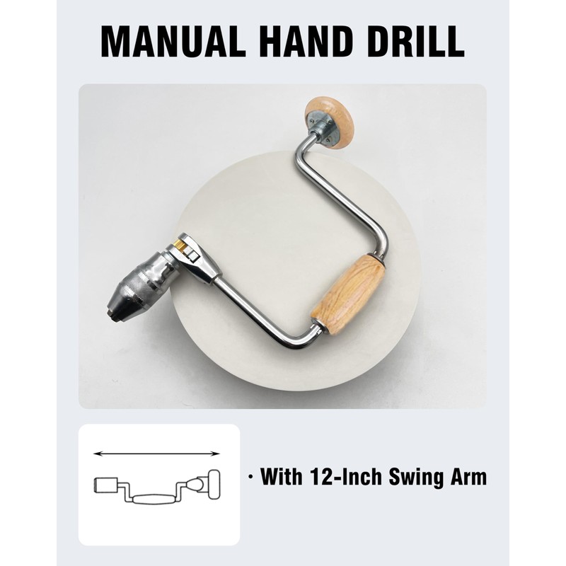 Carpenters Bit Brace Hand Crank Drill with 12-Inch Swing Arm,