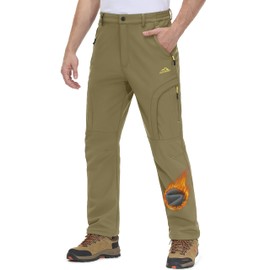 MAGCOMSEN Mens Snow Pants Waterproof Insulated 5 Zipper Pockets Cold Winter Snowboard Pants for Men Windproof Ski Khaki, 32
