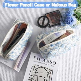 ZLFSRQ 2Pcs Floral Pencil Case Cute Pencil Pouch for Teens Quilted Makeup Bag Small Travel Cosmetic Bag Preppy Pen Bags Aesthetic Toiletry Bags Makeup Pouch for Purse Zipper Skincare Storage Organizer