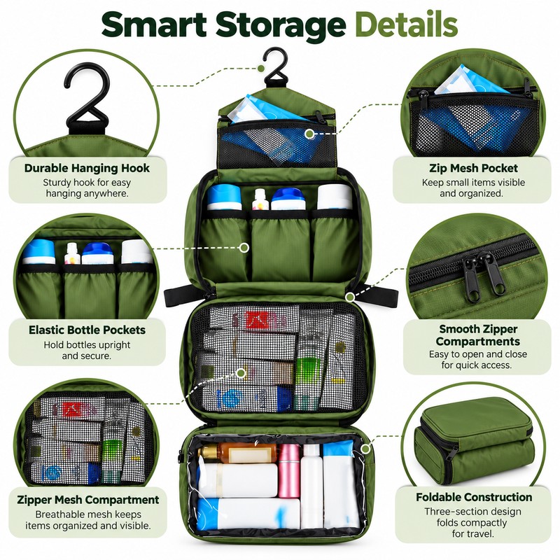 Hanging Toiletry Bag for Travel – Waterproof Foldable Organizer for