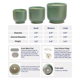 Homephyte 4 + 5 + 6 Inch Ceramic Pots for Indoor Plants, Succulents Plant Pots, Orchid Flower Pot with Drainage Hole, Modern Clay Stoneware Planters, Set of 3 (Green, 4+5+6 Inch)