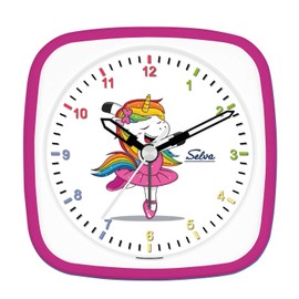SELVA Quartz Alarm Clock Unicorn Ballerina Perfect for School Pink / White Sweeping Seconds Silent Analogue for Children Colourful Dial with Light / Alarm Repeat Dimensions 95 x 95 x 45 mm