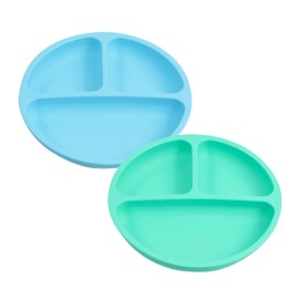 PAPU BABY Set de 2 Platos con divisiones circulares de silicón para bebés con base de succión. Libres de BPA. Alimentación Complementaria (Azul Indigo/Verde)