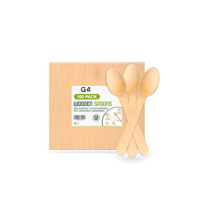 G4GADGET 100x Wooden Spoons - Disposable Biodegradable Birch Wood Utensils
