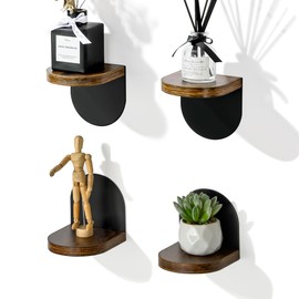 SAYAYO Small Floating Shelves for Wall Storage, 4 x 4 Inch Adhesive Wall Shelves for Bedroom Decor, Mini Display Wood Shelf Organizer with Black Base for Living Room, Office, Balcony, 4 Pcs