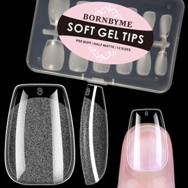 BORNBYME Short Coffin Soft Gel Nail Tips,120PCS Pre Buff Full Cover Shaped Nail Extenison Tips Half Matte Gel X Nail Tips Acrylic False Nail Tips
