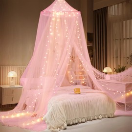 Bed Canopy with Lights, Bed Canopy with Luminous Stars for Girls Princess, Canopy Bed Curtains for Twin to King Size Bed, Baby Kids Adult Indoor Decor Bedroom Reading Nook Outdoor Camping, Pink