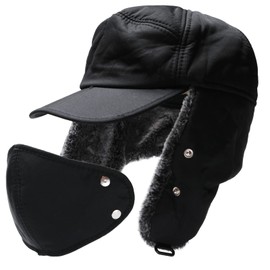 Larimar Men's Winter Flight Cap, Earmuffs, Cold Weather Hat, With Mask, Snowboarding, Skiing, Russian Hat, Black