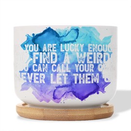 DecStic Lucky Enough to Find A Weirdo Planters Ceramic Christian Saying Round Plant Pot with Drainage Holes and Bamboo Tray Pot for Home Desktop Office Windowsill