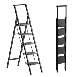 GameGem 5 Step Ladder Folding Step Stool Stepladders with Anti-Slip and Wide Pedal for Home and Kitchen Use Space Saving (Black)