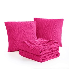 Aormenzy Knitted Throw Blanket (50" x 60") and 2 Pillow Covers (18" x 18"), 3 Piece Hot Pink Throw Blanket Set, Decorative Throw Blankets for Couch Sofa Bed Living Room