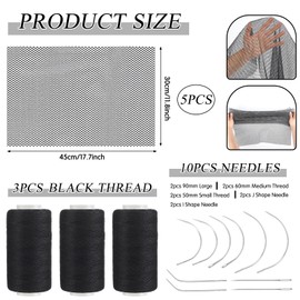 Luinabio 5 Pcs Hair Net Black Stretchy Weaving Net Accessories, Weaving Needle Combo Medium and Small C J I Shape Needle, 3 Thread Black for Making Wig Sewing Hair Weave Extension (12 x 18 in)