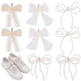 WADORN Pack of 8 4 Styles Shoe Charms with Bow for Trainers, Pearl Lace Bow Charms, Lace Bow Laces, Decoration with Clasp, Bead Pendant, Shoes Accessories for Women, Gift, Plastic