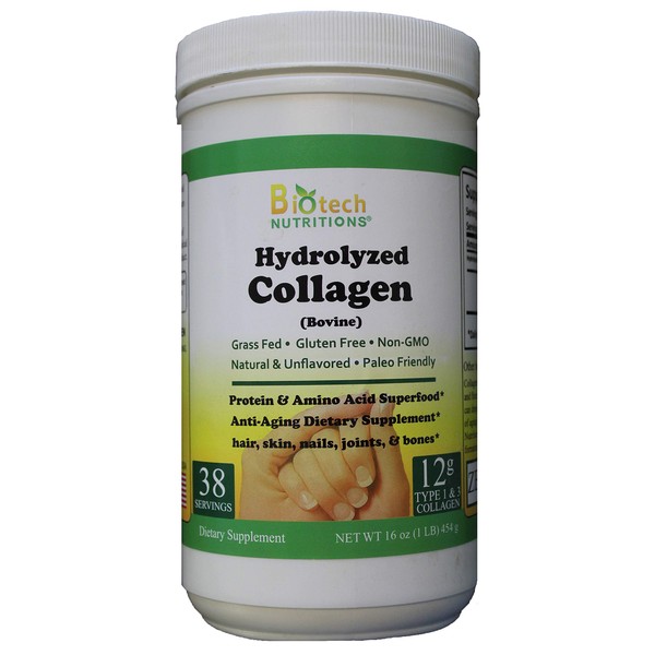 Biotech Nutritions Hydrolyzed Collagen Grass Fed Nongmo Paleo Friendly Gluten Free Type 1 & 3, 16 Ounce