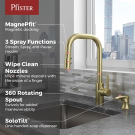 Pfister Zanna Kitchen Faucet with Pull Down Sprayer and Soap Dispenser, Single Handle, High Arc, NSF Certified, Brushed Gold Finish, F5297ZNRBG