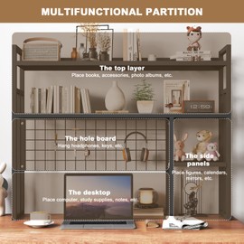 3-Layers Desktop Bookshelf, 37.4" Desk Shelf Bookcase Metal Desk Hutch Shelf, Countertop Organizer Rack with Grid Panel for Computer Desk Dorm Room Office Home (Black)