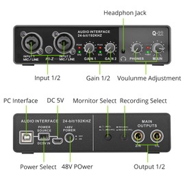 USB Audio Interface, LiNKFOR 2i2 Audio Interface for PC 24 Bit/192 Khz, Support MIC (XLR)/LINE(TRS) Input, USB Interface Compatible with Guitar, Bass, Computers for Recording Music, Free Driver