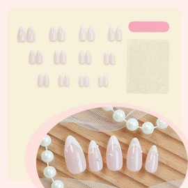 NBNTGH White French Tip Press On Nails Medium Almond 24Pcs Glossy Full Cover Glue On Nails With Pearl Design False Nails Reusable Artificial Acrylic Stick On Nails For Women Girls