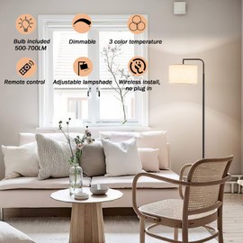 Battery Operated Floor Lamp with Remote Control,Dimmable Cordless Floor Lamp For Living Room,Portable Arc Standing Floor Lamp with Adjustable Lamp Head for Bedroom,3 Color Temperature Bulb Included (