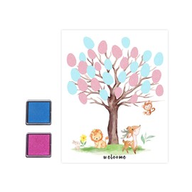 JIANGWON Gender Reveal Party Deko – Fingerabdruck Baum, Geschlechtsverkündung Baby, 1 Poster (30 x 42 cm), Pink & Blau Stempelkissen, Klebepunkte – Babyparty & Gender Reveal Geschenk (Aufkleber)