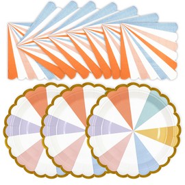 50PCS Colorful Striped Paper Plates and Napkins Party Supplies, 7 inch Disposable Gold Foil Scalloped Dessert Plate Pastel Party's Favors for Birthday Wedding Bachelorette Candy Party Decorations