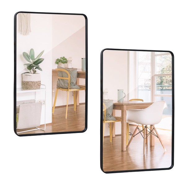 SUPER DEAL 24x36 Inch Black Wall Mirror for Bathroom, Wall Mounted Rectangular Entryways Decor Vanity Mirrors with Stainless Steel Metal Frame and Rounded Edge (2)